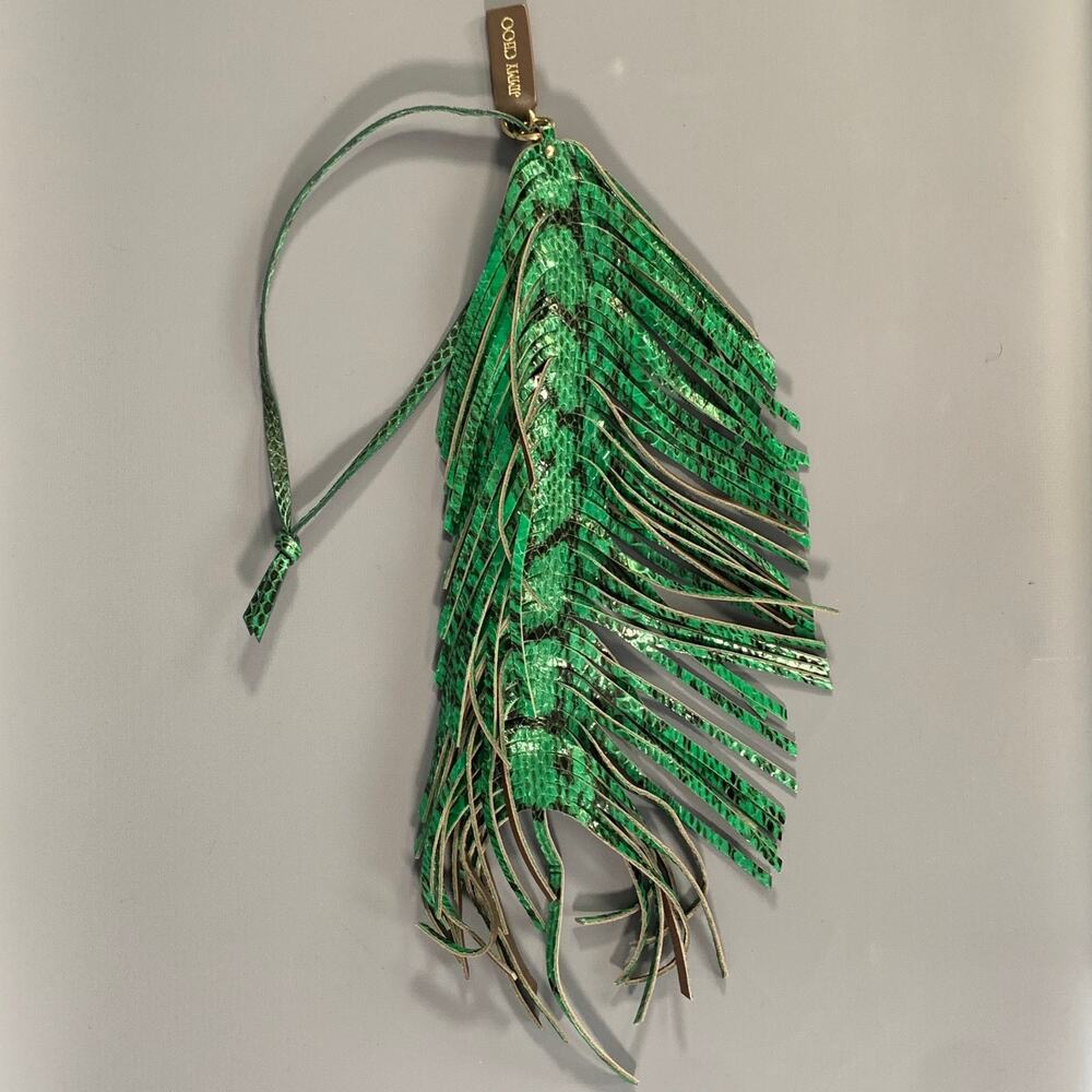 JIMMY CHOO Green Brown Snakeskin Leather Fringed Charm